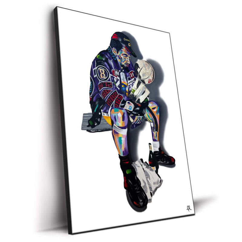 Pop art-style illustration of a Lakers Championship celebration with fragmented geometric shapes, vibrant colors, and an energetic expression of victory.