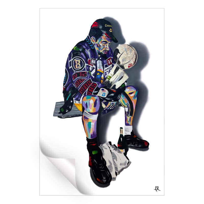 Pop art-style illustration of a Lakers Championship celebration with fragmented geometric shapes, vibrant colors, and an energetic expression of victory.