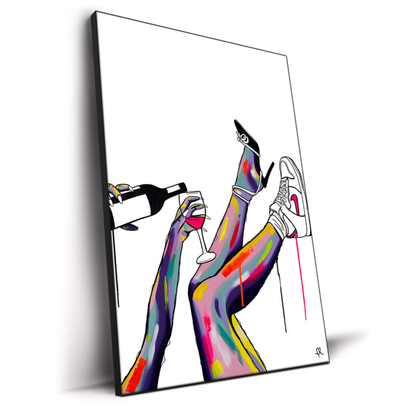 Pop art illustration blending luxury and street style with a figure holding wine and wearing Nike Jordans, surrounded by bold colors and abstract brushstrokes.