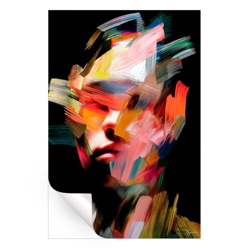 Colorful abstract portrait with large, sweeping brushstrokes in red, yellow, and blue, forming the face in an expressive, dynamic way.