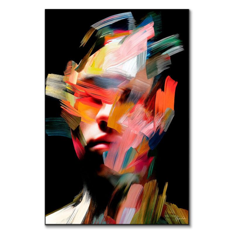 Colorful abstract portrait with large, sweeping brushstrokes in red, yellow, and blue, forming the face in an expressive, dynamic way.