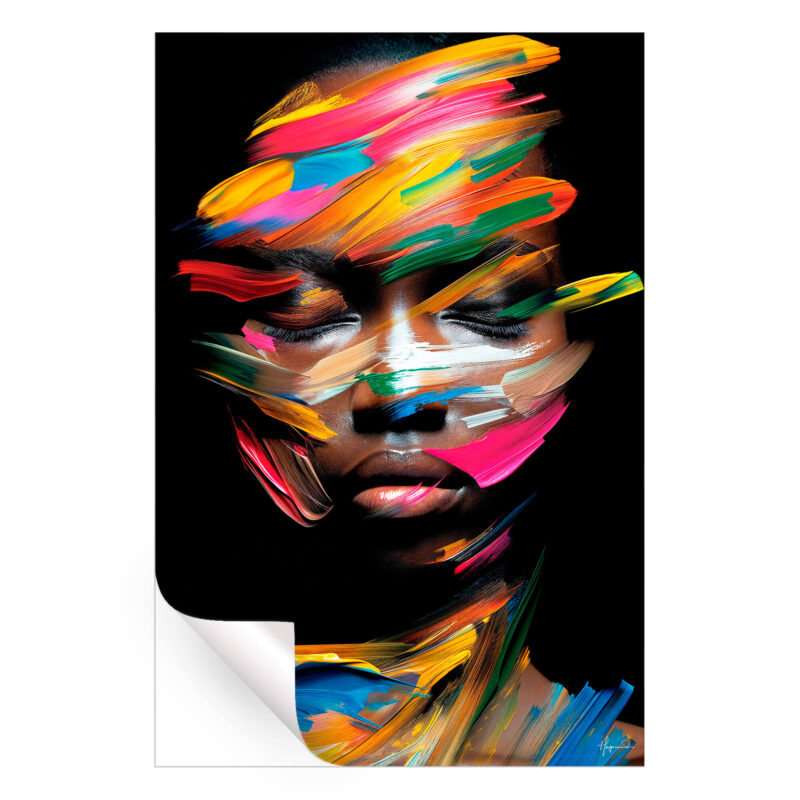 Abstract portrait of a woman with bold, dynamic brushstrokes in bright colors like pink, blue, and yellow, creating depth and energy on a dark background.