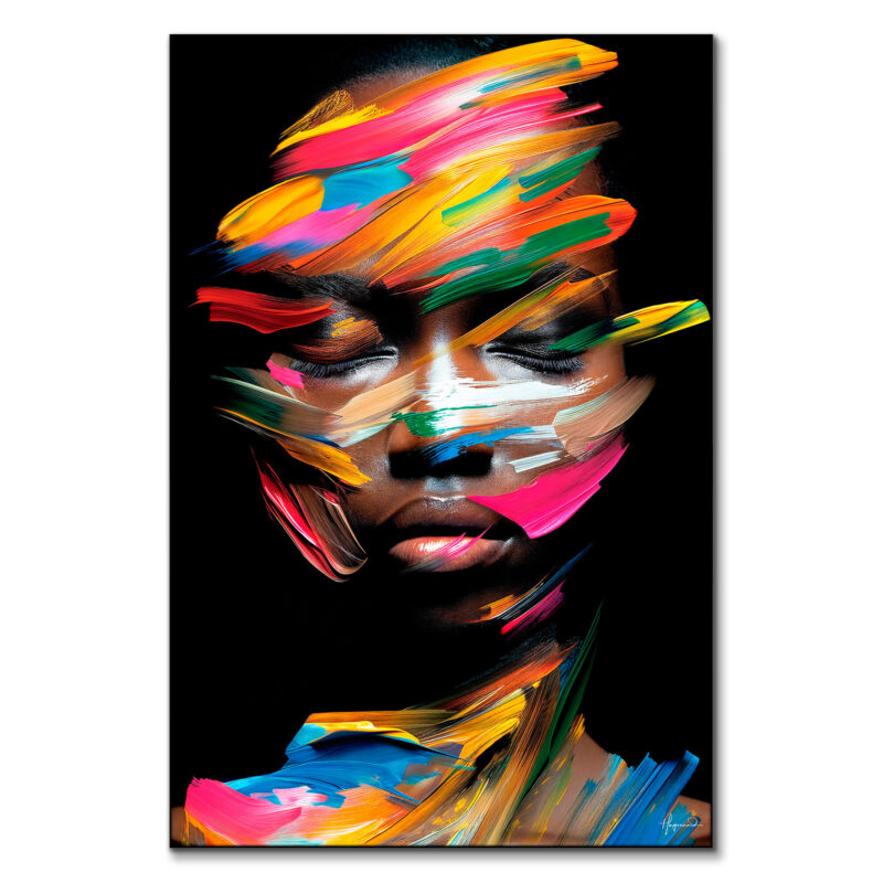 Abstract portrait of a woman with bold, dynamic brushstrokes in bright colors like pink, blue, and yellow, creating depth and energy on a dark background.
