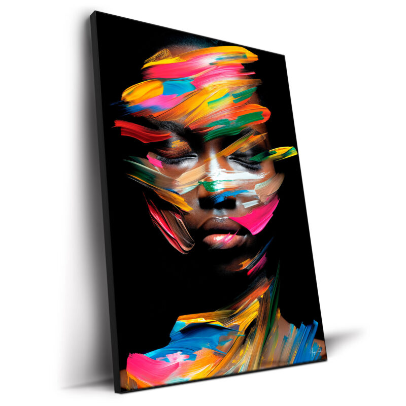 Abstract portrait of a woman with bold, dynamic brushstrokes in bright colors like pink, blue, and yellow, creating depth and energy on a dark background.