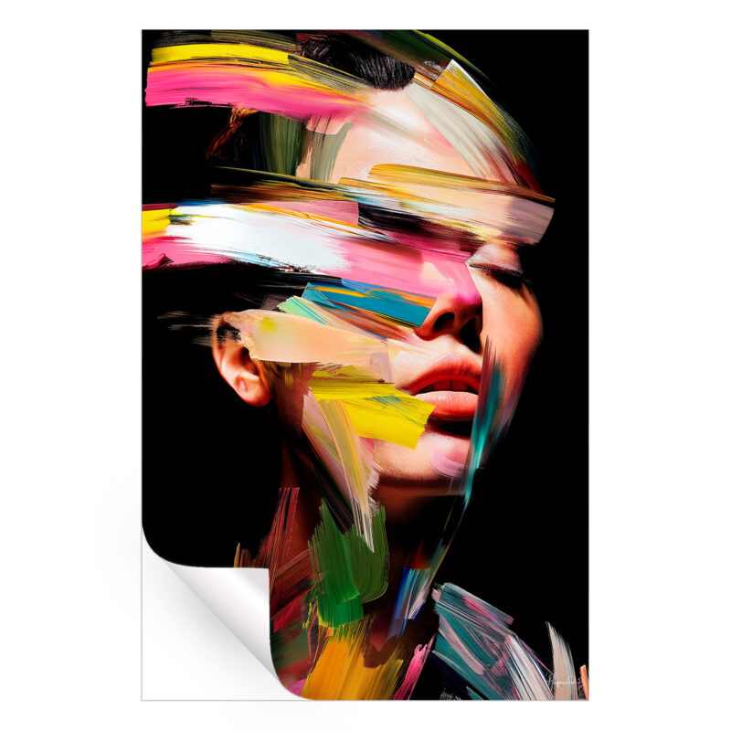 Fragmented abstract portrait with bright colors of pink, yellow, blue, and green blending through dynamic brushstrokes.