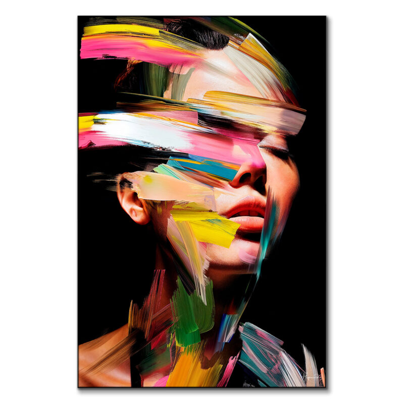 Fragmented abstract portrait with bright colors of pink, yellow, blue, and green blending through dynamic brushstrokes.