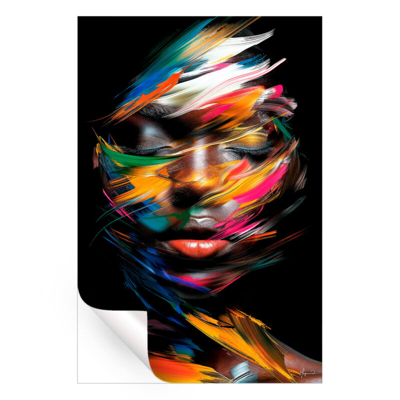 Expressive portrait with bold strokes of red, yellow, and green painting an abstract face.