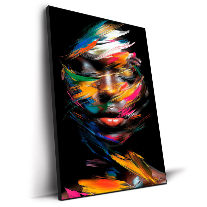 Expressive portrait with bold strokes of red, yellow, and green painting an abstract face.