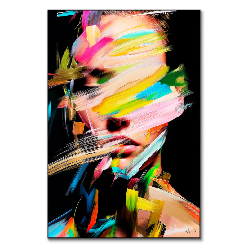 Bold, colorful abstract portrait with energetic brushstrokes in red, pink, and yellow.