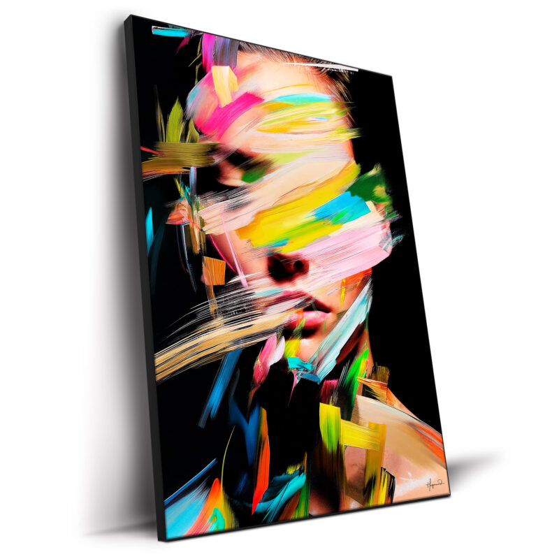 Bold, colorful abstract portrait with energetic brushstrokes in red, pink, and yellow.