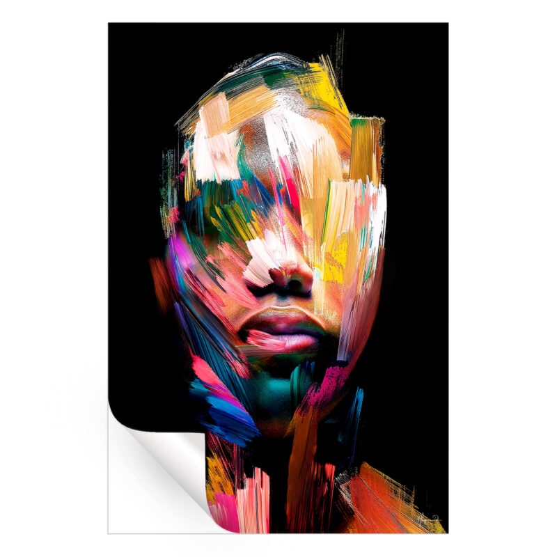 Abstract portrait of a person with bold brushstrokes in red, blue, and green creating a dynamic, emotional expression.