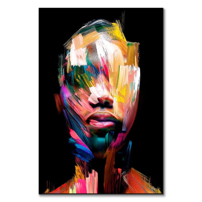 Abstract portrait of a person with bold brushstrokes in red, blue, and green creating a dynamic, emotional expression.