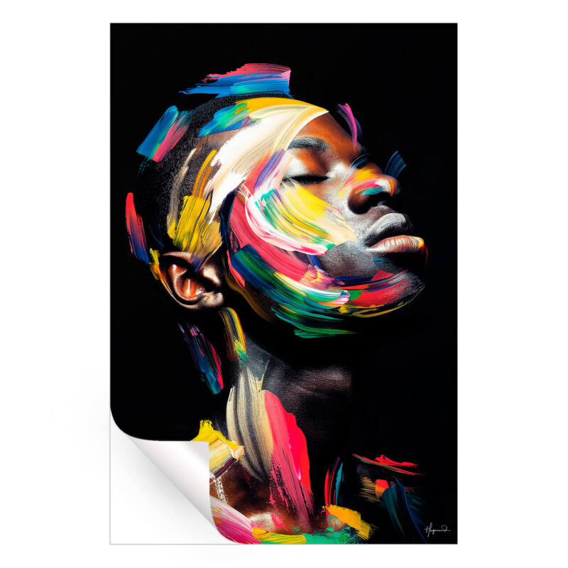 Bold abstract portrait of a face with dynamic brushstrokes in red, yellow, and blue, creating a powerful, energetic expression on a dark background.