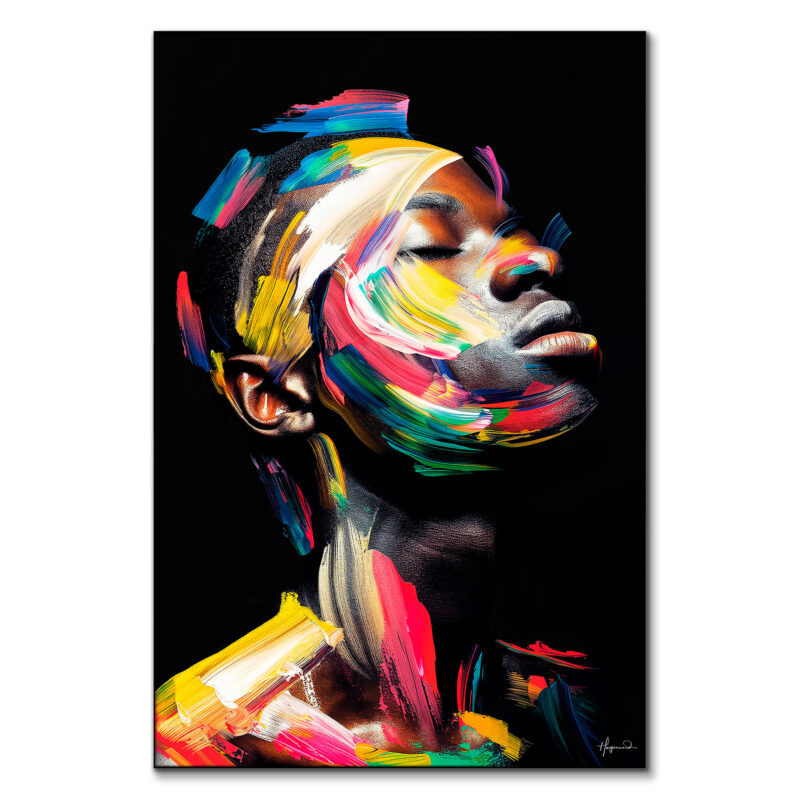 Bold abstract portrait of a face with dynamic brushstrokes in red, yellow, and blue, creating a powerful, energetic expression on a dark background.