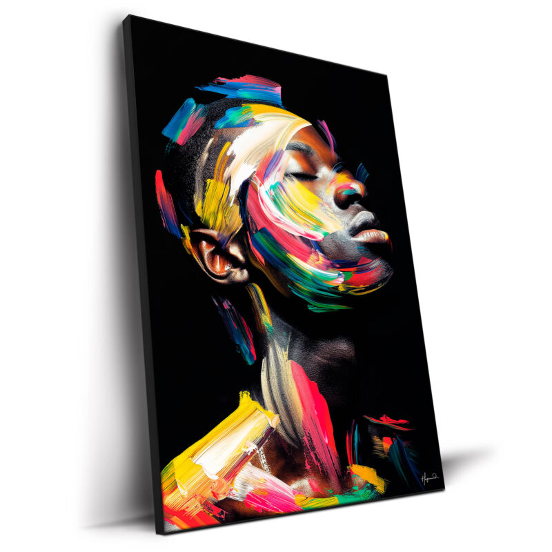 Bold abstract portrait of a face with dynamic brushstrokes in red, yellow, and blue, creating a powerful, energetic expression on a dark background.