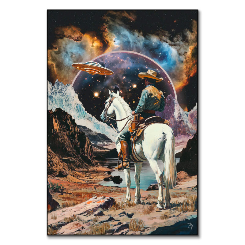 Surreal cowboy riding a horse in outer space, blending wild west and cosmic themes.