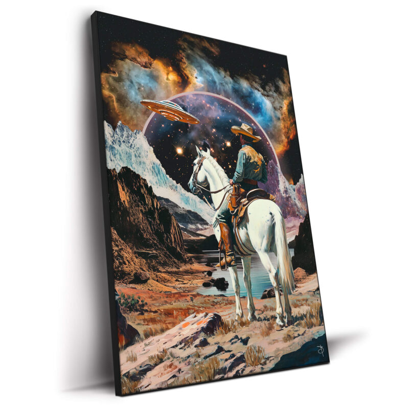 Surreal cowboy riding a horse in outer space, blending wild west and cosmic themes.