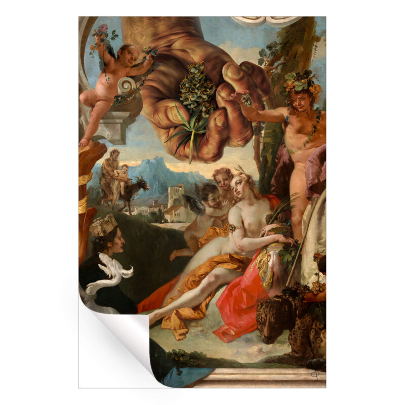 Classical painting collage featuring mythological figures and cannabis elements.