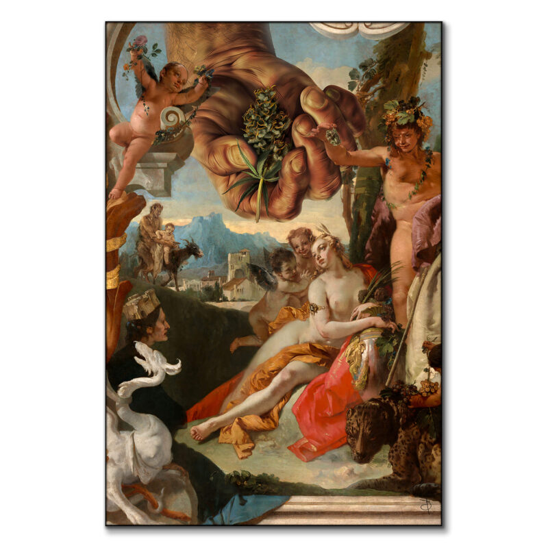 Classical painting collage featuring mythological figures and cannabis elements.