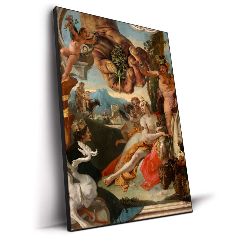 Classical painting collage featuring mythological figures and cannabis elements.