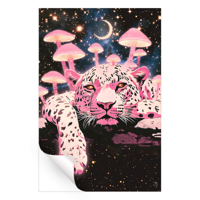 Leopard surrounded by colorful mushrooms and cosmic space elements.