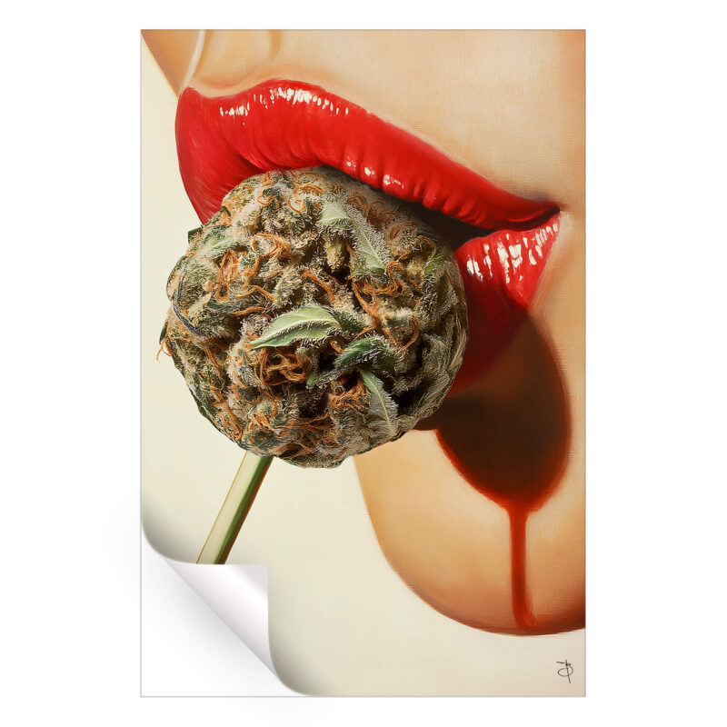 Retro pin-up girl with red lips and cannabis lollipop.