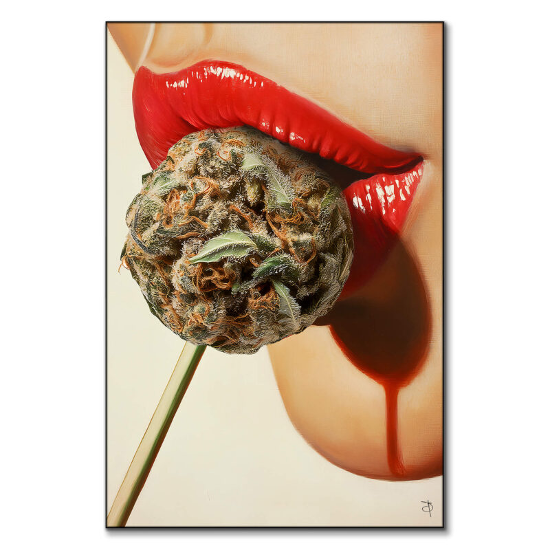 Retro pin-up girl with red lips and cannabis lollipop.