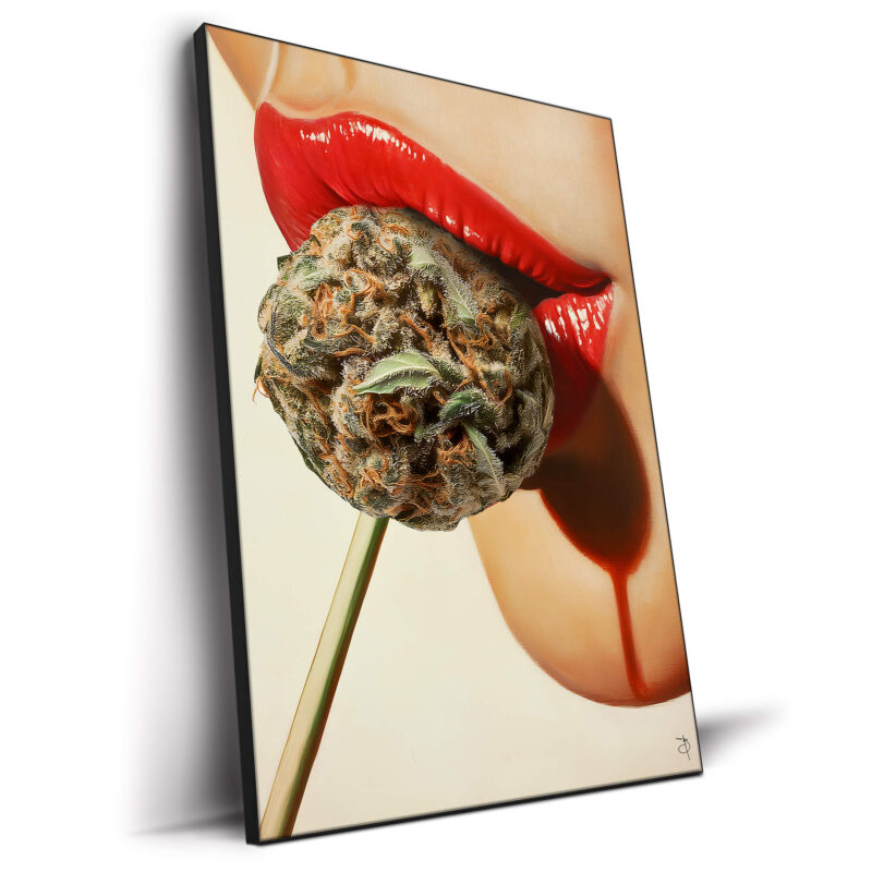 Retro pin-up girl with red lips and cannabis lollipop.