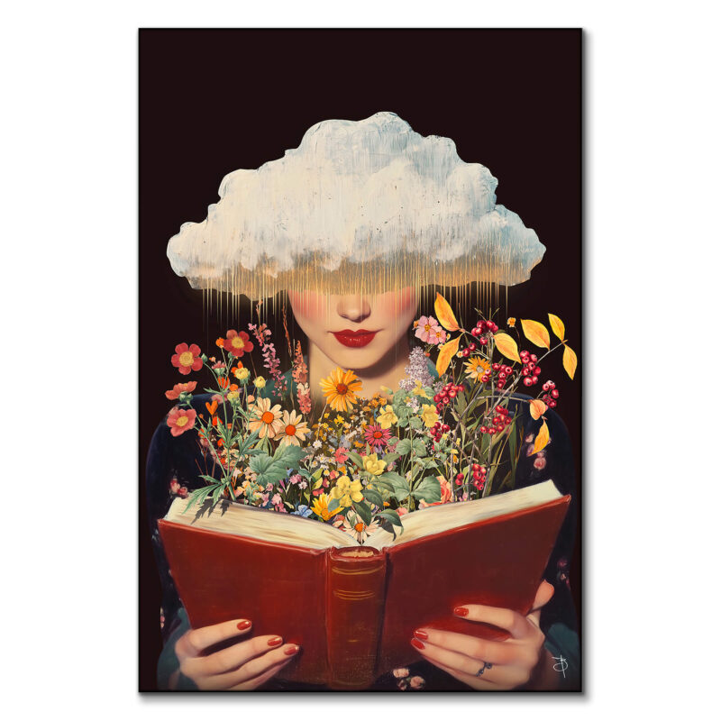 surreal portrait of a person with flowers blooming from an open book, symbolizing knowledge and growth.