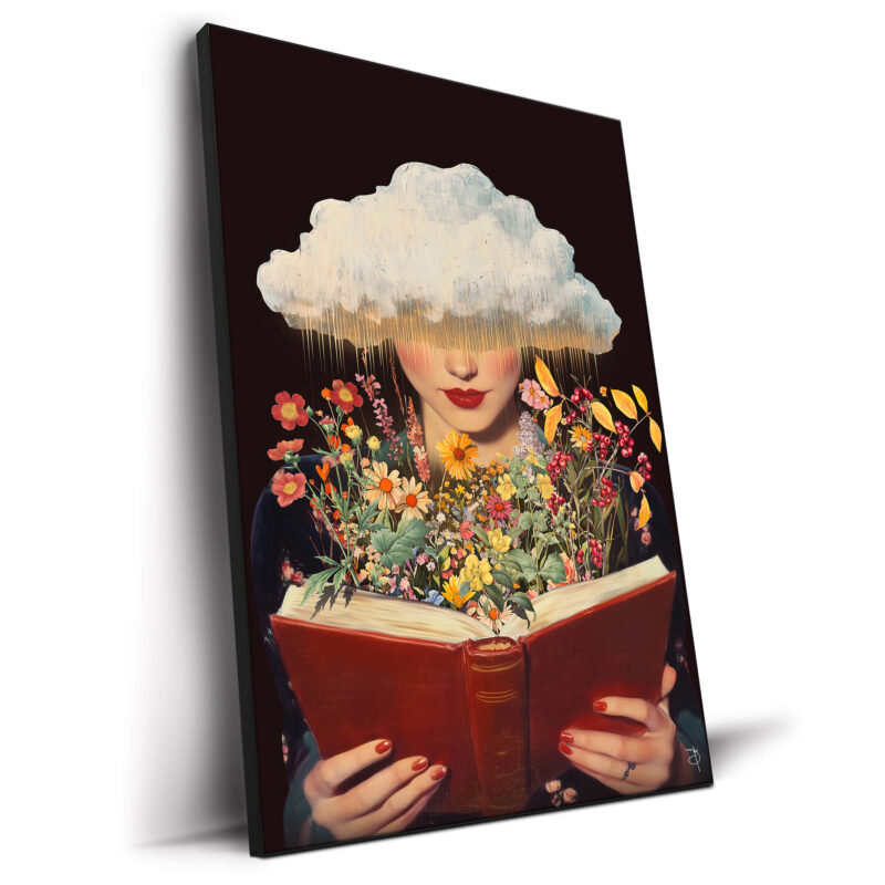 surreal portrait of a person with flowers blooming from an open book, symbolizing knowledge and growth.
