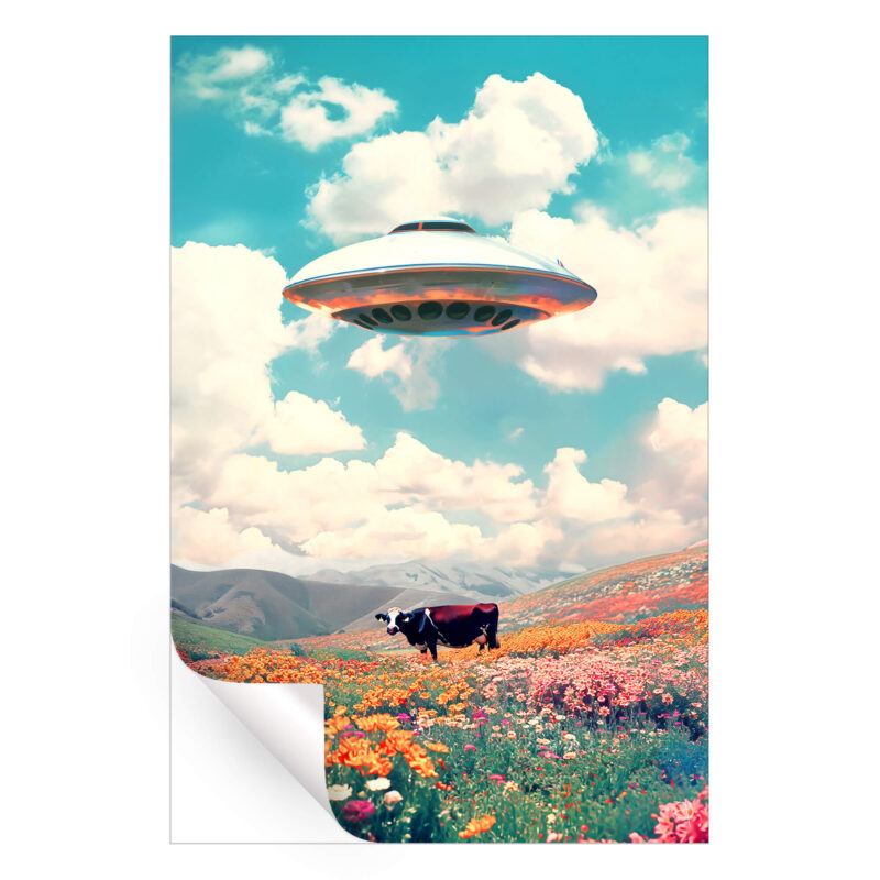 Pastel painting of a cow in a meadow with a UFO in the sky.