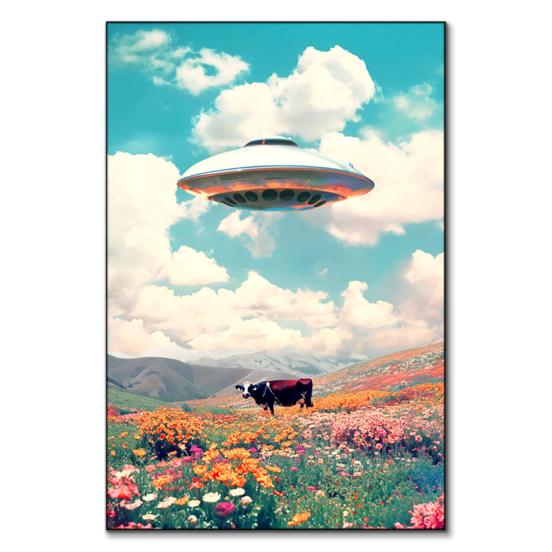 Pastel painting of a cow in a meadow with a UFO in the sky.