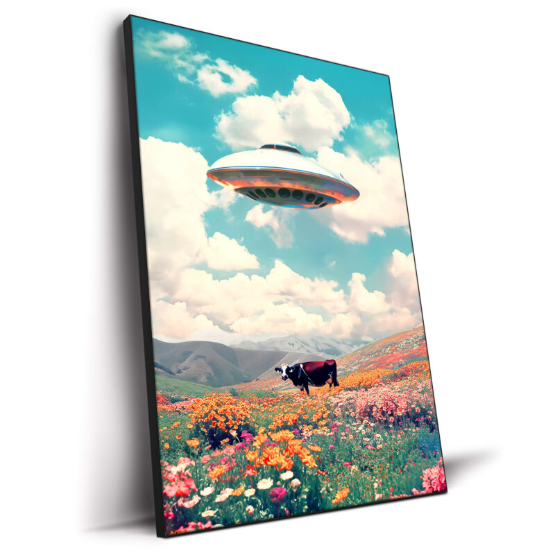 Pastel painting of a cow in a meadow with a UFO in the sky.