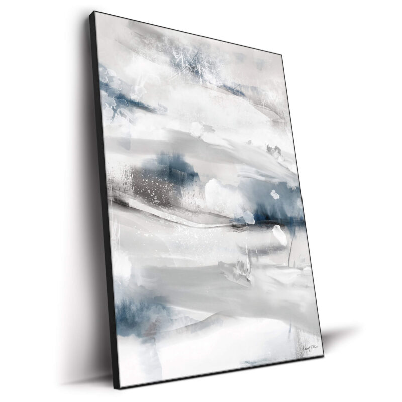 Abstract winter landscape featuring shades of gray, blue, and white with soft brushstrokes and frosted texture.
