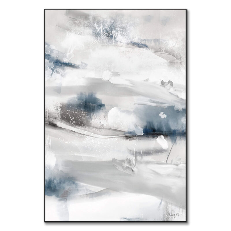 Abstract winter landscape featuring shades of gray, blue, and white with soft brushstrokes and frosted texture.