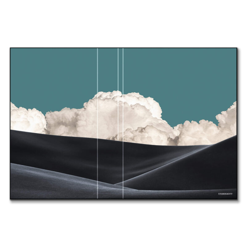 Surreal landscape with black sand dunes and dramatic clouds against a teal sky.