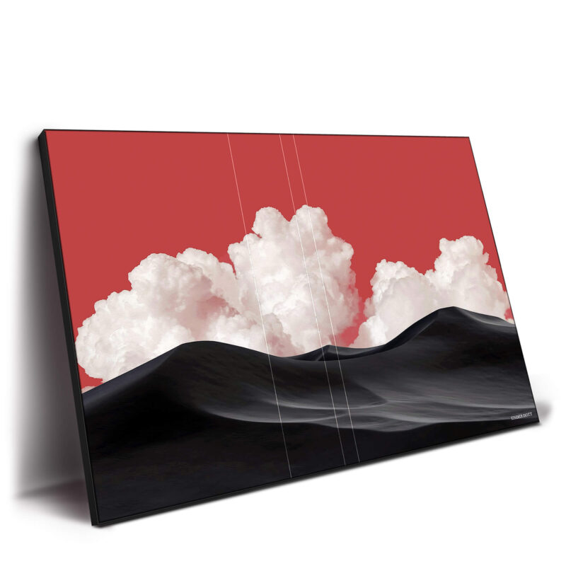 Black sand dunes beneath towering clouds against a vibrant red sky, surreal and bold.