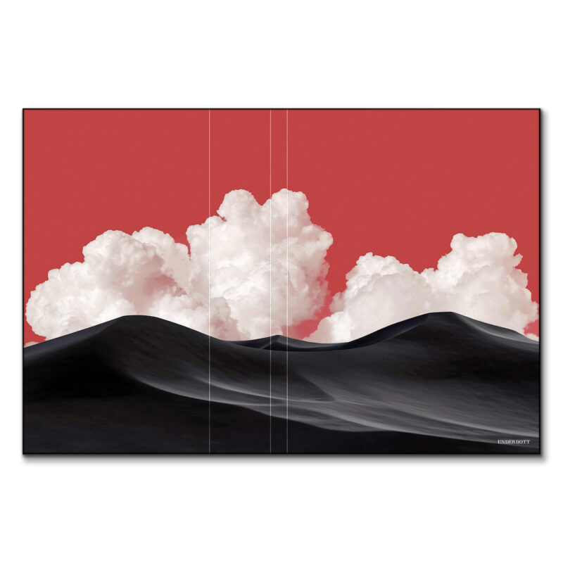 Black sand dunes beneath towering clouds against a vibrant red sky, surreal and bold.