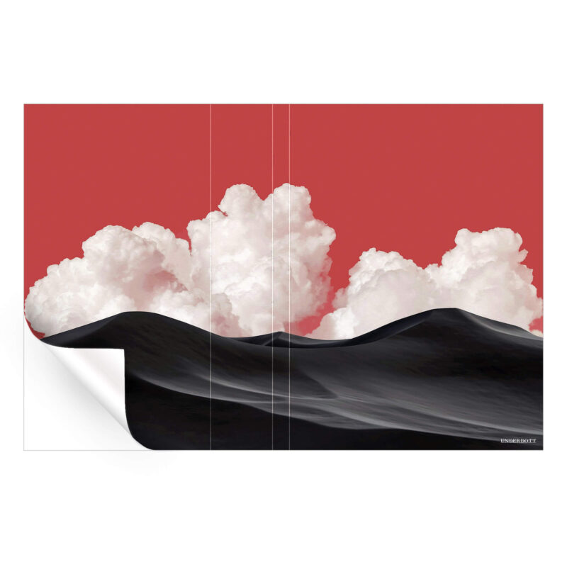 Black sand dunes beneath towering clouds against a vibrant red sky, surreal and bold.