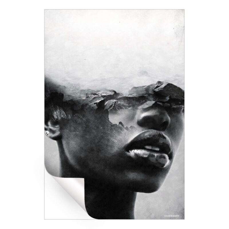 A surreal collage featuring a woman's face formed from rugged rocks, blending human and natural elements.