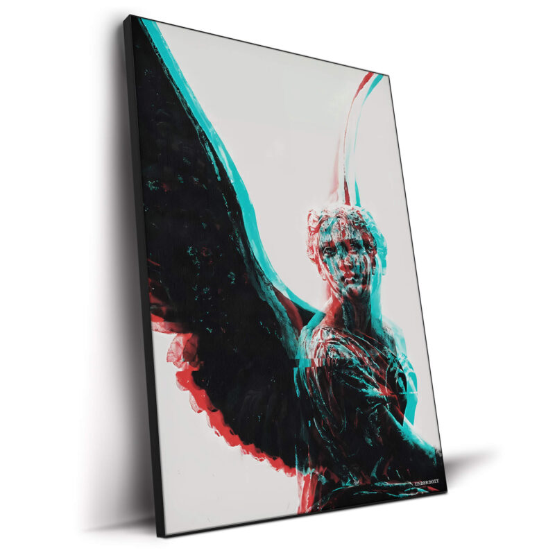 Glitch art of a classical angel statue with cyan and magenta distortion, futuristic digital effects.