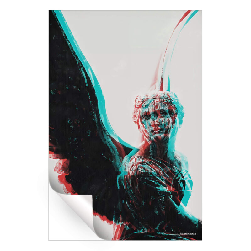 Glitch art of a classical angel statue with cyan and magenta distortion, futuristic digital effects.