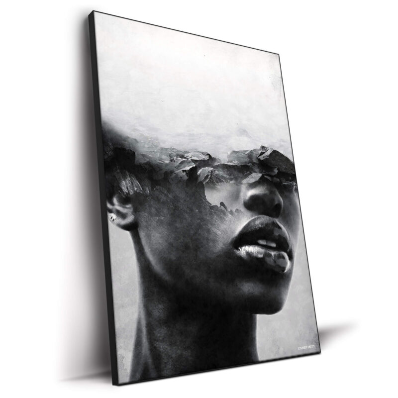 A surreal collage featuring a woman's face formed from rugged rocks, blending human and natural elements.