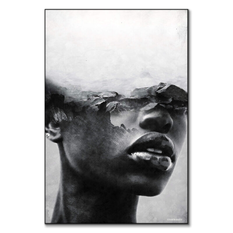 A surreal collage featuring a woman's face formed from rugged rocks, blending human and natural elements.