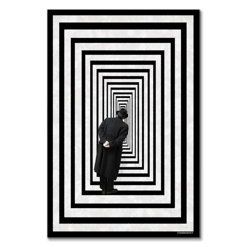 A man standing in an optical illusion hallway with black and white concentric stripes, creating a sense of infinite space.