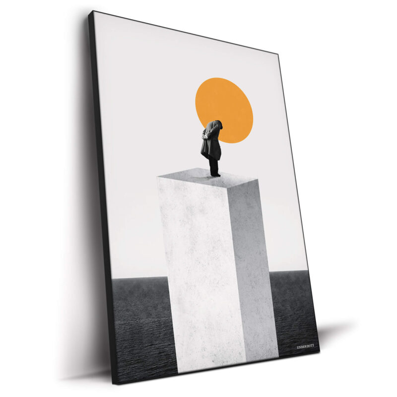 A surreal image of a person standing on a large white pedestal, gazing down at the ocean beneath, with an orange sun in the background.