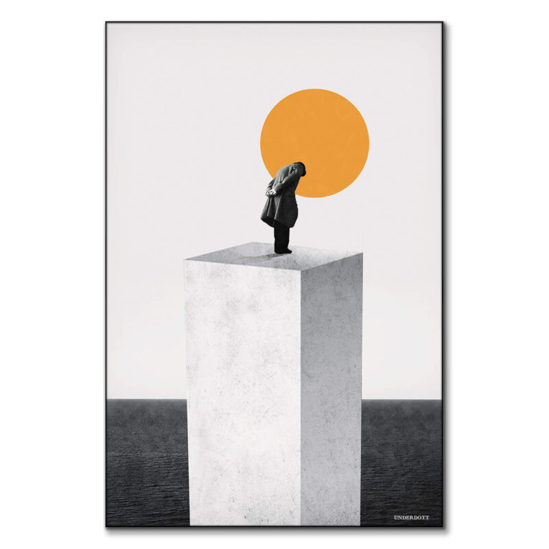A surreal image of a person standing on a large white pedestal, gazing down at the ocean beneath, with an orange sun in the background.