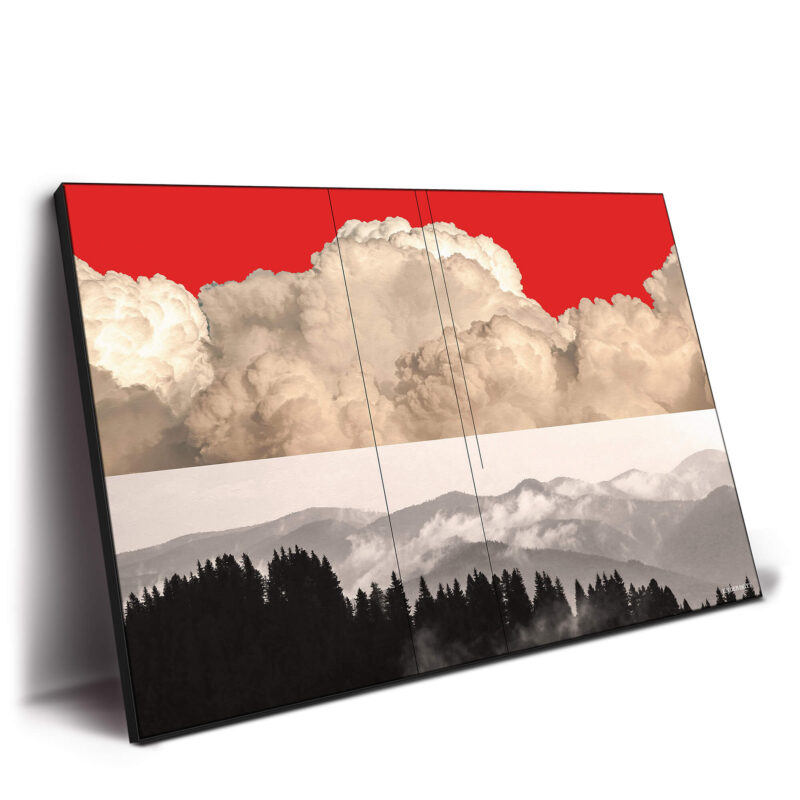 A surreal mountain landscape with a red-tinted sky, filled with striking clouds, evoking intensity and drama.