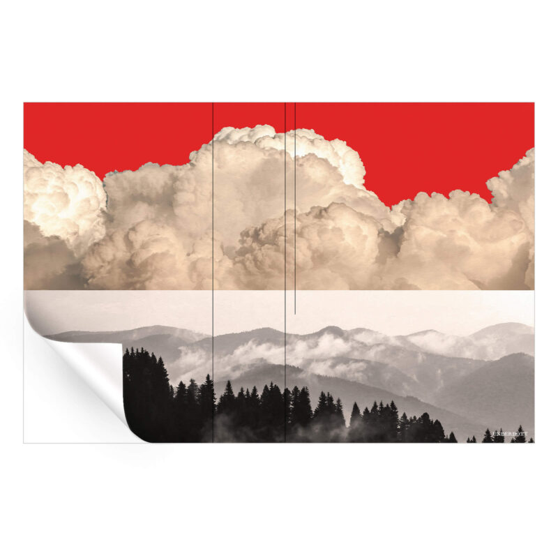 A surreal mountain landscape with a red-tinted sky, filled with striking clouds, evoking intensity and drama.