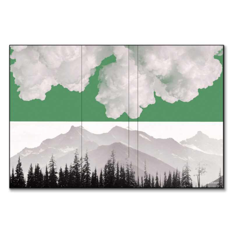 A surreal mountain landscape with a green-tinted sky, filled with striking clouds, evoking intensity and drama.